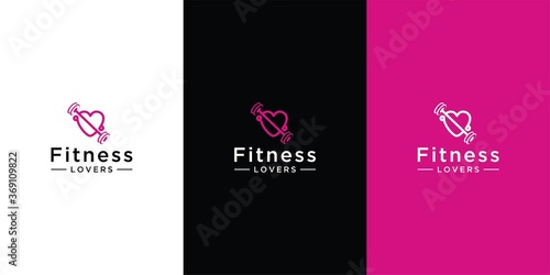 I love fitness, heart and barbell monogram vector logo
