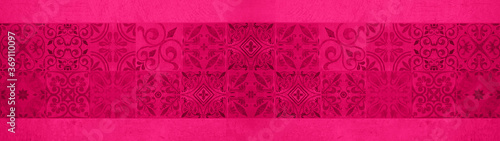 Dark pink magenta abstract vintage retro geometric square mosaic motif cement tiles texture background banner panorama