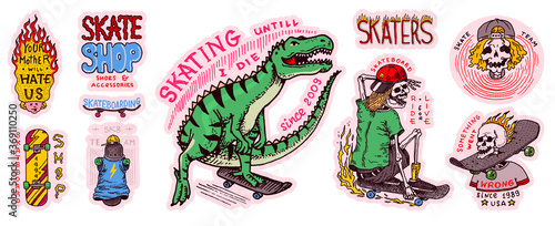 Skateboard shop stickers set. Dinosaur and skeletons ride on the boards badges. Fiery head and skull. Vintage retro labels for t-shirts and typography. Hand Drawn engraved sketch.