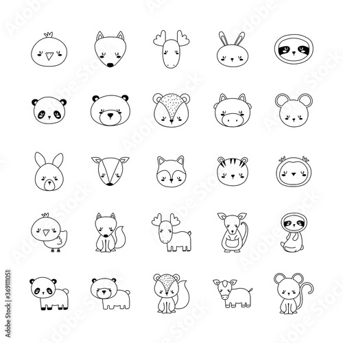 Cute animals cartoons line style icons group design, zoo life nature and character theme Vector illustration