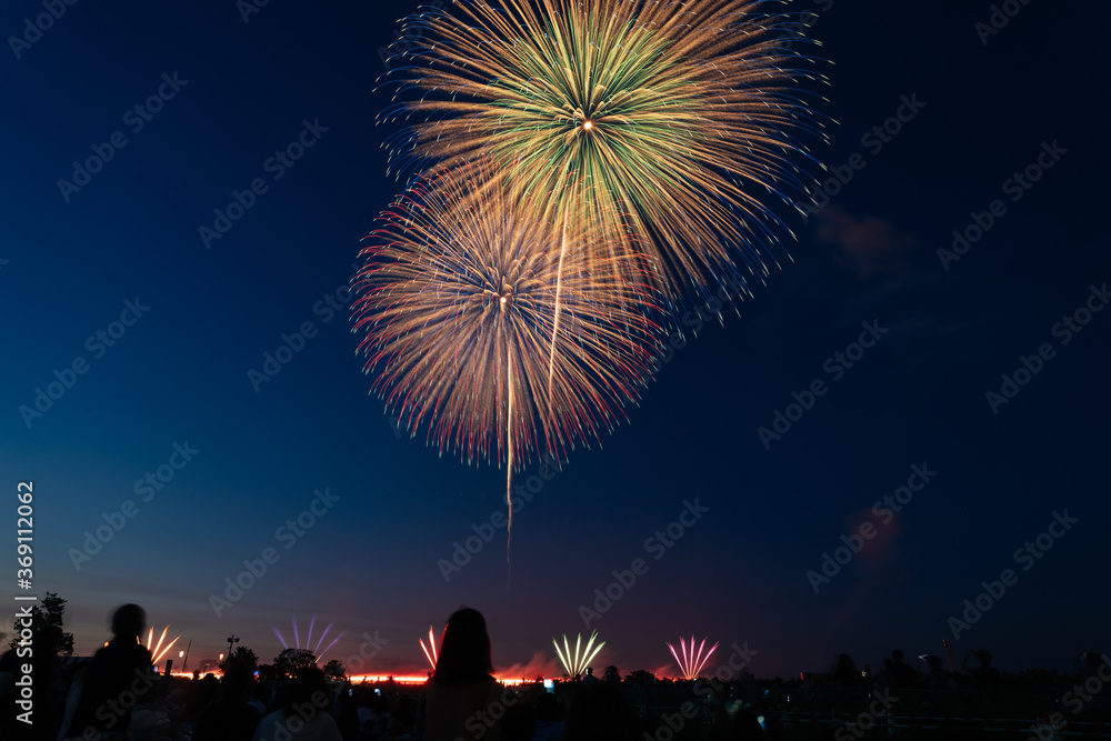 Beautiful Fireworks with Some Silhouettes in Japanese Summer Season Beautiful Fireworks with Some Silhouettes in Japanese Summer Season