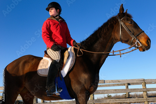 Young female horseback rider in red jacket looking back against a blue sky © Reimar