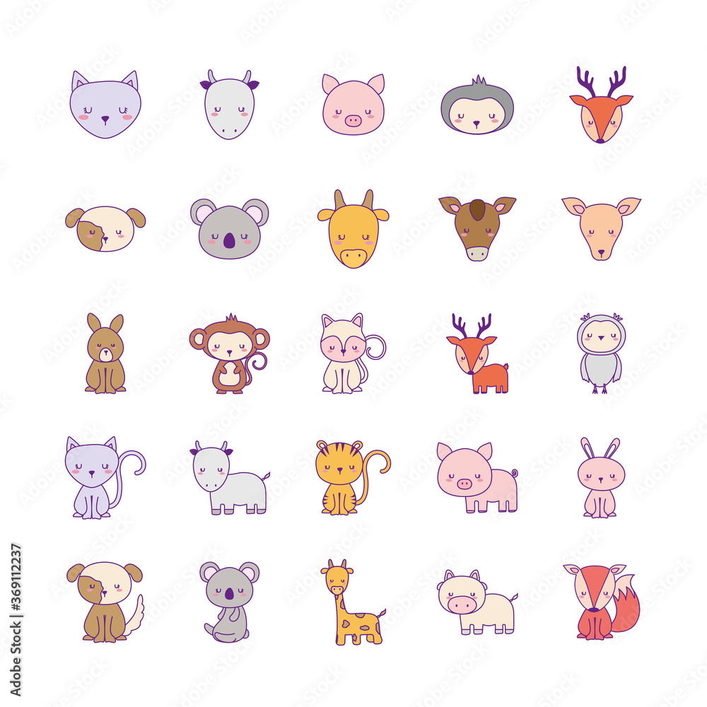 Cute animals cartoons line and fill style icon set design, zoo life nature and character theme Vector illustration