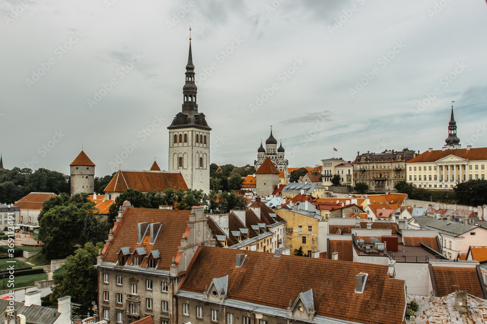 Aerial view of Old Town in Tallinn with Toompea Castle,Estonia.Medieval city in the Baltics.Beautiful European cityscape.Summer scenic Tallinn´s panorama.Famous tourist destination travel concept