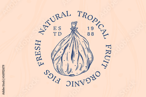 Fresh fig badge. Dried fruit Foliage label or logo. Detox spice. Vector Engraved hand drawn sketch for stamp, t-shirt or typography or menu. 