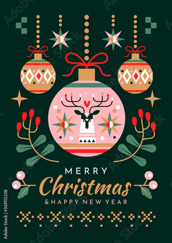Christmas and New Year greeting card design with colorful decorative baubles, holly and mistletoe above text, colored vector illustration