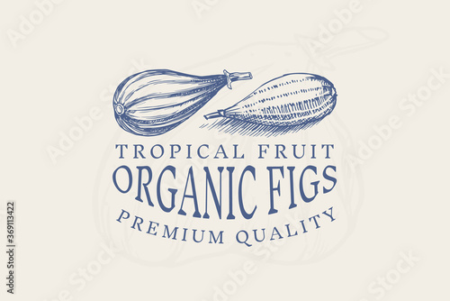 Fresh fig badge. Fruit Foliage label or logo. Cut pieces. Detox spice. Vector Engraved hand drawn sketch for stamp, t-shirt or typography or menu. 
