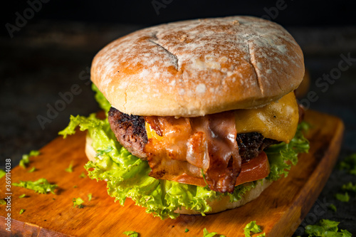 Tasty burger on rustic background
