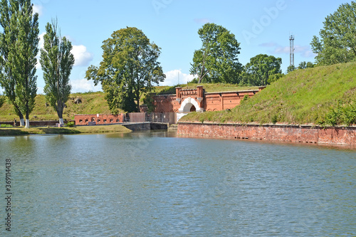 View of the Pillau fortress-citadel and a moat with water. Baltiysk, Kaliningrad region
