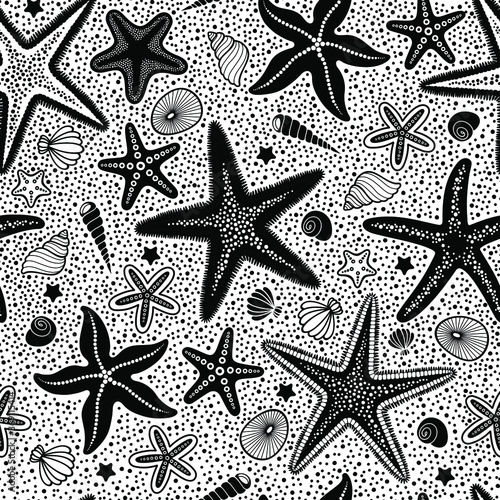 Seamless vector pattern with drawn starfish and seashells.