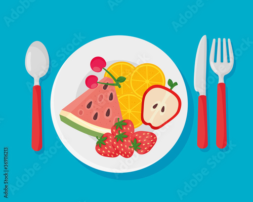 healthy food, plate with fresh fruits food