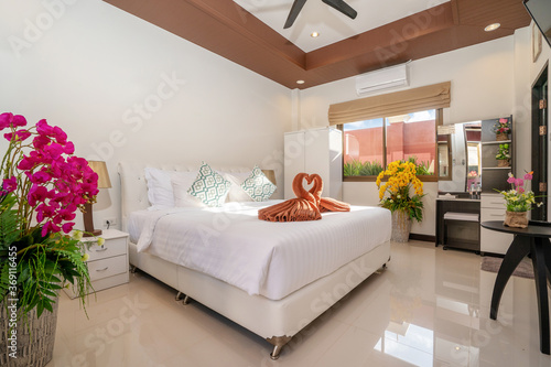 Interior luxury design in bedroom with white space in the house home villas or condo