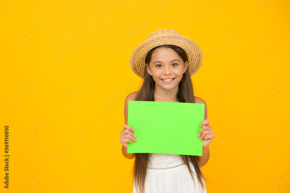 Effective advertising. Bright advertisement. Need your attention. Join event. Summer sales. Happy girl hold poster copy space. Vacation time. Girl straw hat. Advertisement concept. Promoting tourism Effective advertising. Bright advertisement. Need your attention. Join event. Summer sales. Happy girl hold poster copy space. Vacation time. Girl straw hat. Advertisement concept. Promoting tourism