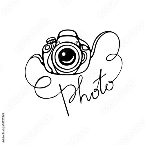 Photo camera with lettering - photo. Vector illustration. Doodle drawing isolated on white background.
