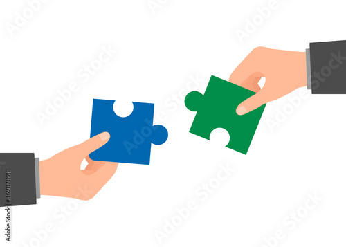 People assembling piece puzzle. Coworking and business partnership man together concept. Team metaphor. Symbol of teamwork, cooperation, partnership, team building. Vector