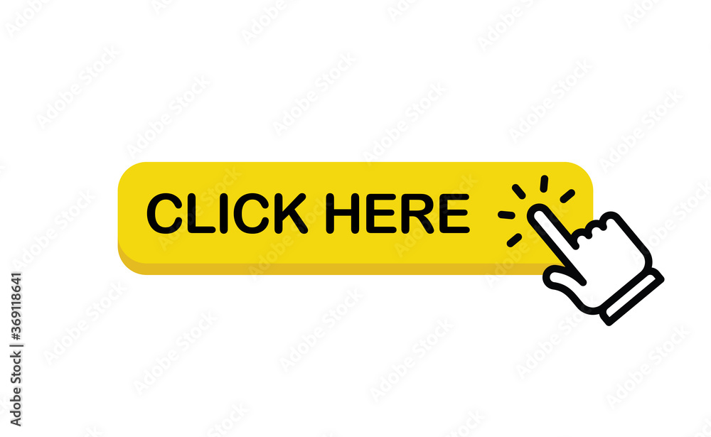 Click here web button. Isolated website buy or register bar icon with hand finger clicking cursor, design template. Click here web button. Isolated website buy or register bar icon with hand finger clicking cursor, design template.