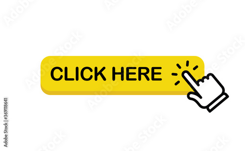 Click here web button. Isolated website buy or register bar icon with hand finger clicking cursor, design template.