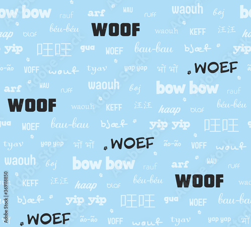 Dog sound "woof" in many international versions. Seamless tilling pattern with different woof spellings and fonts. Concept for "Do you speak dog?"