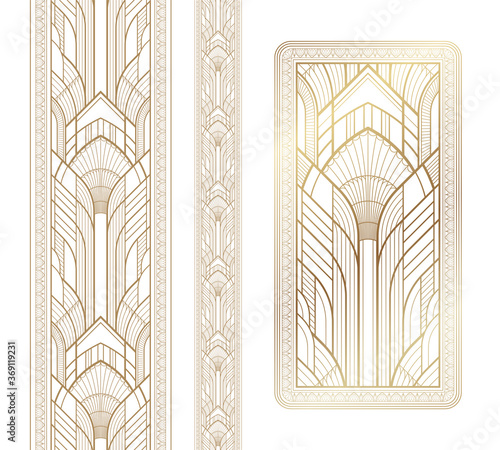 Gold art deco panel and border with ornament on white background