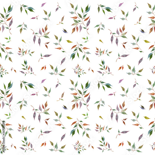 Watercolor elegant seamless pattern with colorful leaves . White background