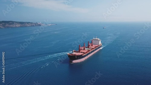 Aerial a cargo ship sailing northbound on Straits Bosporus. A bulk carrier or bulker is a merchant ship specially designed to transport unpackaged bulk cargo, such as grains, ore, coal or timber
