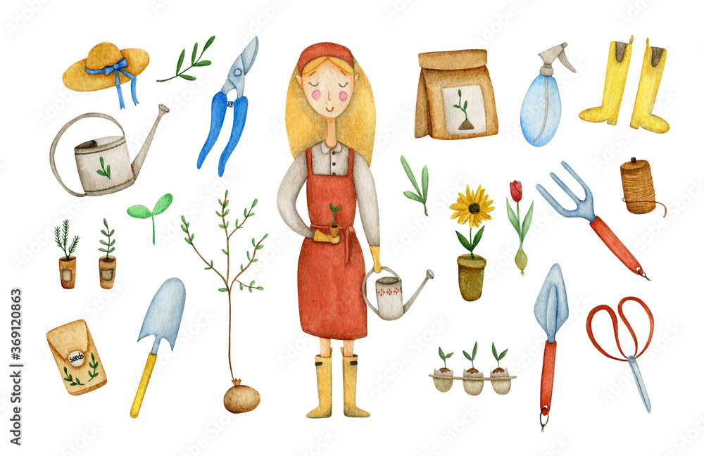 Watercolor gardening set with girl, various equipment, seedlings, seeds, watering can, boots and hat