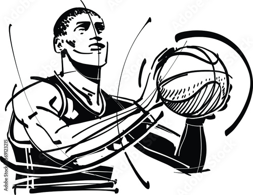 black and white cartoon illustration of a basketball player