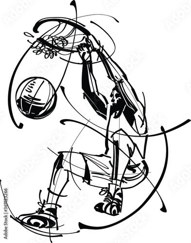 black and white cartoon illustration of a basketball player