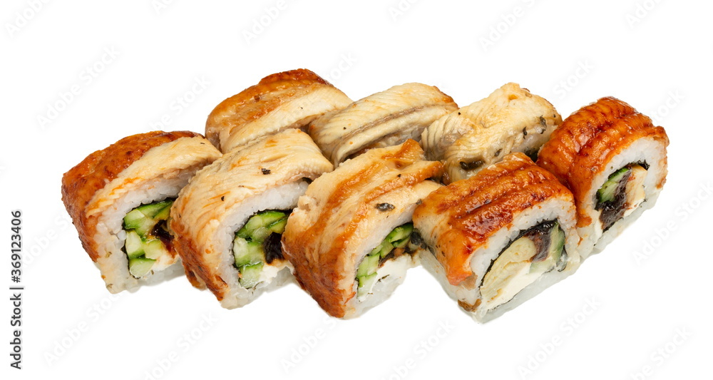 Unagi Sushi rolls- japanese food style. Isolated On White Unagi Sushi rolls- japanese food style. Isolated On White