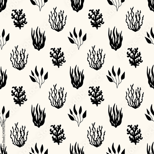 Seamless marine pattern of underwater plants and coral reefs. Geometric nautical background with seaweeds in hand drawn sketch style.