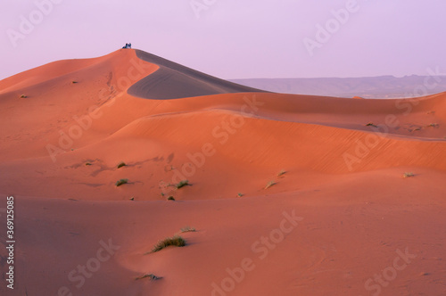 Sand dunes in the Sahara   A group of people on a sand dune in the Sahara  Morocco  Africa.