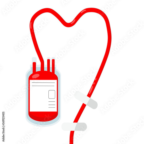 Concept of blood doner for poster, banner.  A bag filled with blood and a tube in the shape of a heart for collection of blood, which is fixed with a band-aid
