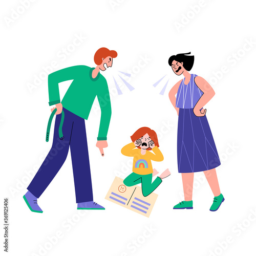 Parents scream at their daughter for poor grades. Frustrated parent concept. Negative aspects of family relationships.