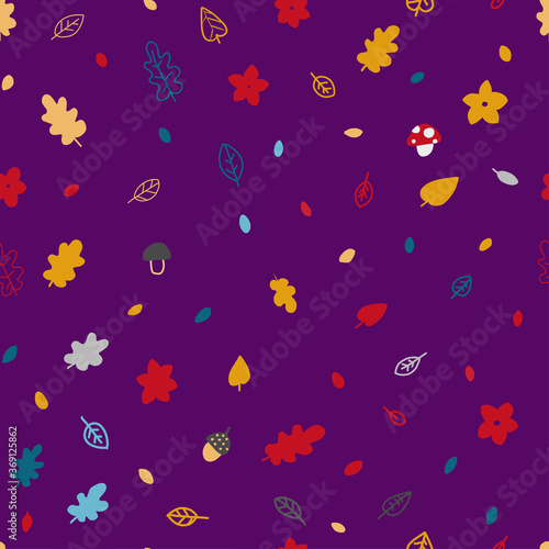 Autumn leaves pattern in abstract style on purple background.