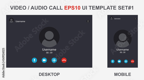 Online video call interface template with user icon. Vector UI screen. Online business webinar chat. Videocall screen mockup for learning conference. Flat online computer communication concept. SET1 photo
