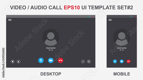 Online video call interface template with user icon. Vector UI screen. Online business webinar chat. Videocall screen mockup for learning conference. Flat online computer communication concept. SET2
