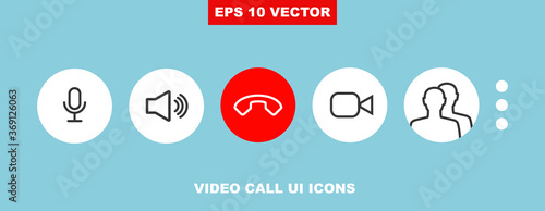 Video call chat screen ui vector buttons template for mobile phone online app. Conceptual icon set for web conference or business webinar design. User interface symbols isolated on white. V3