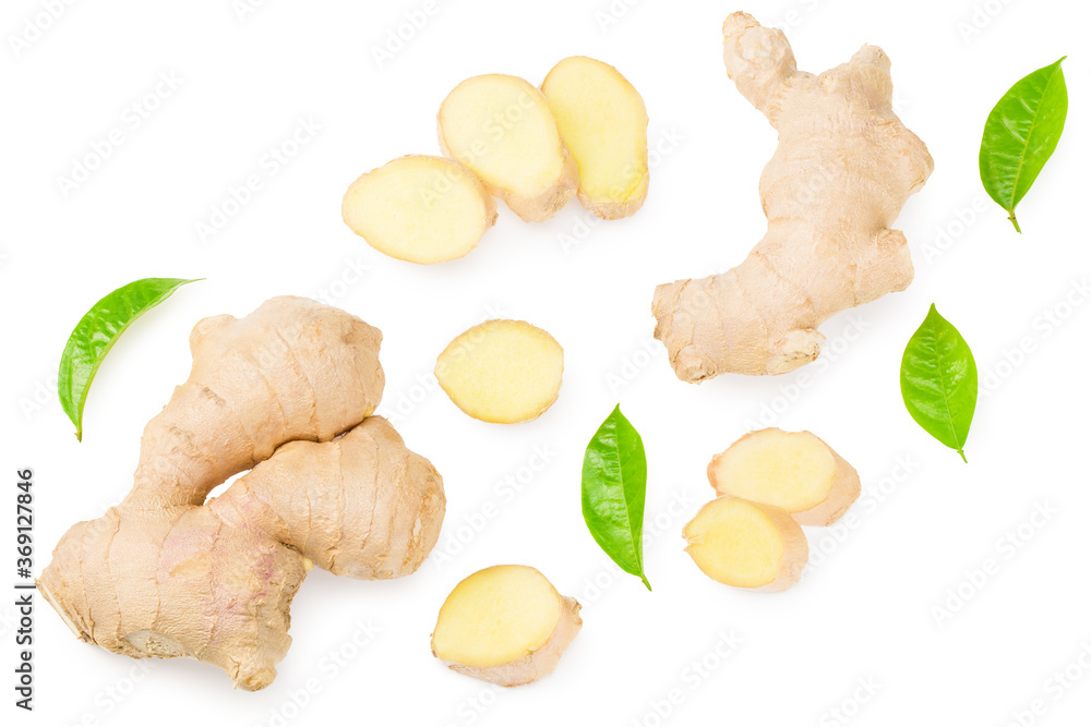 Fototapeta premium ginger roots with slices and green leaves isolated on white background. Top view