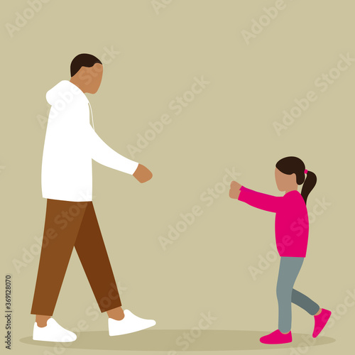  A man and a girl walk towards each other, holding out their hands