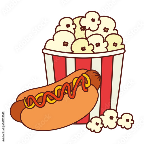 fast food delicious hot dog with popcorn, on white background