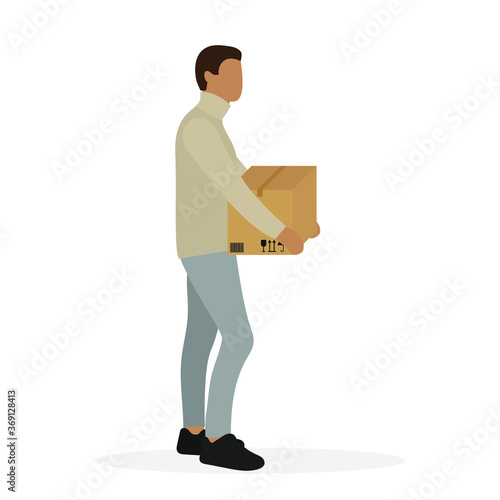 Male character with a closed cardboard box in hands on a white background