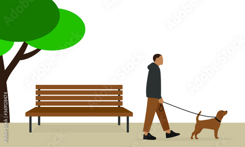 Male character walks in the park with a dog on a leash