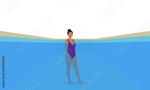 Female character in a red swimsuit standing in the water pool