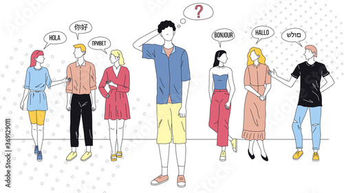 Concept Of Greetings. Characters Saying Hello In Different Languages. Greeting People Waving Hands And Gesturing. Foreign Phrases From Native Speakers. Cartoon Linear Outline Flat Vector Illustration