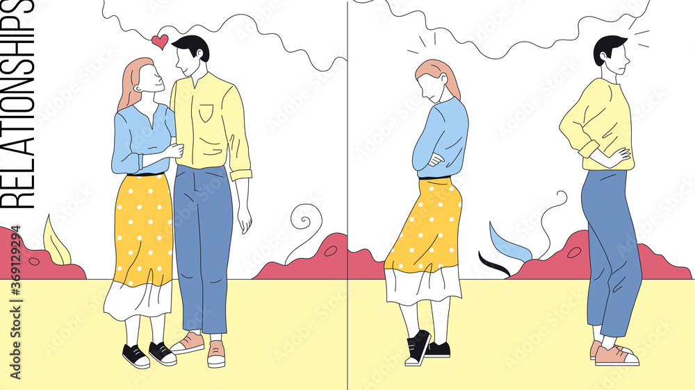Concept Of Relationships In Family. Comparing Of Happy And Unhappy Couples. Scenes With Good And Bad Relationships And Quarrels In Families. Cartoon Linear Outline Flat Style. Vector Illustration