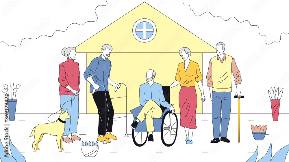 Fototapeta premium Concept Of Elderly People Care. Group Of Elderly People In Wheelchair And With Walkers, With Family Or Guardians At Nursing Home On Background. Cartoon Linear Outline Flat Style. Vector Illustration