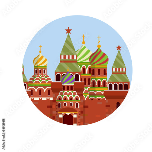 Moscow kremlin. Residence of Russian. President on red square. Fortress with tower and wall. Tourist attraction. Cartoon flat illustration. Tourist destination for tour to capital.