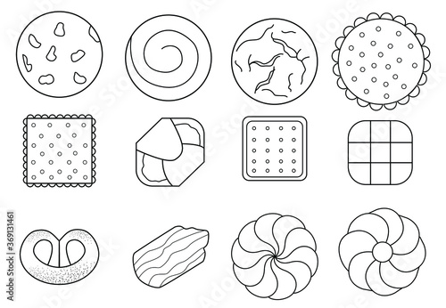 Vector set of coockies, biscuits, crackers, pretzels.  Silhouettes 