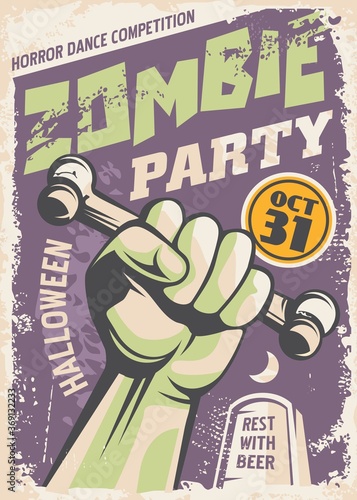 Zombie party poster design in retro style made for cinema movies. Vector vintage.