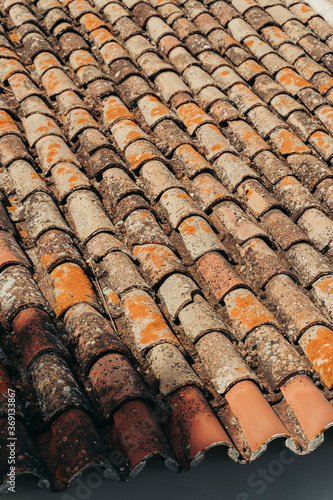 Weathered brown tile roof. © Manel Ponce